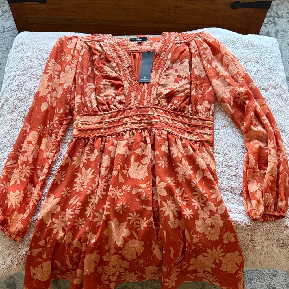 Lulu's Orange Floral Long Sleeve Dress